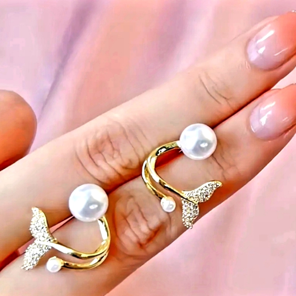 Wrap-around Style Earrings, Gold/ Pearl  Mermaid Tails